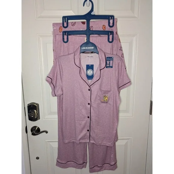 Life Is Good SS Tee Pants Shorts 3 Piece Pajama Set Game On Women's Large NWT - Picture 1 of 14